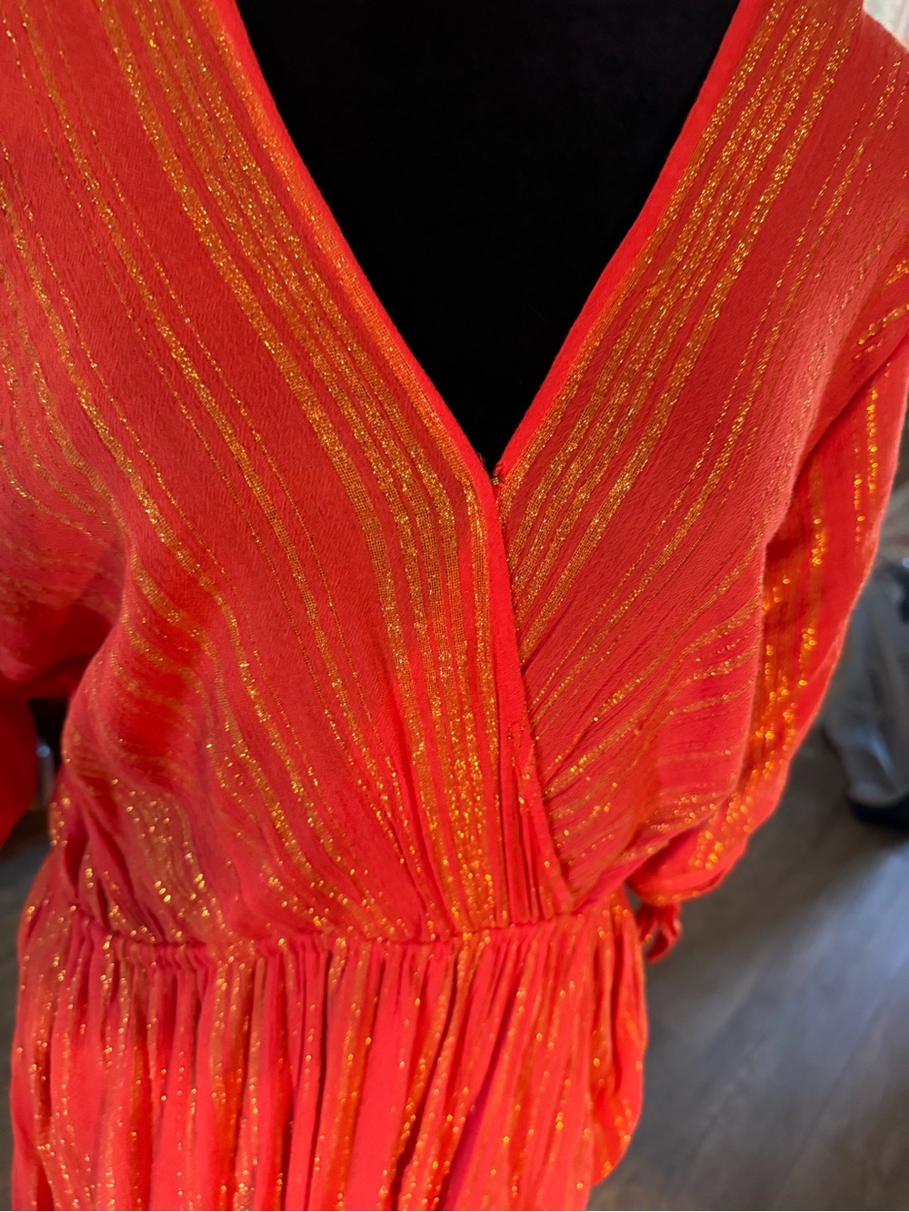 Michael Kors Orange Metallic-Striped Midi Wrap Dress - Picture 2 of 7